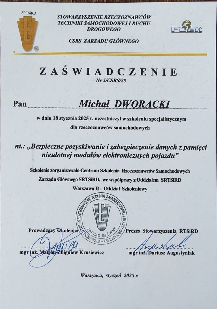 Zaświadczenie SRTSiRD: Dane z pamięci nieulotnej