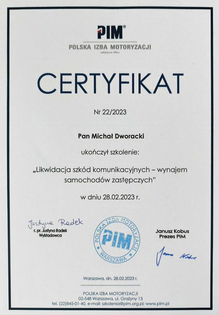 Certyfikat PIM nr 22/2023: Wynajem zastępczy