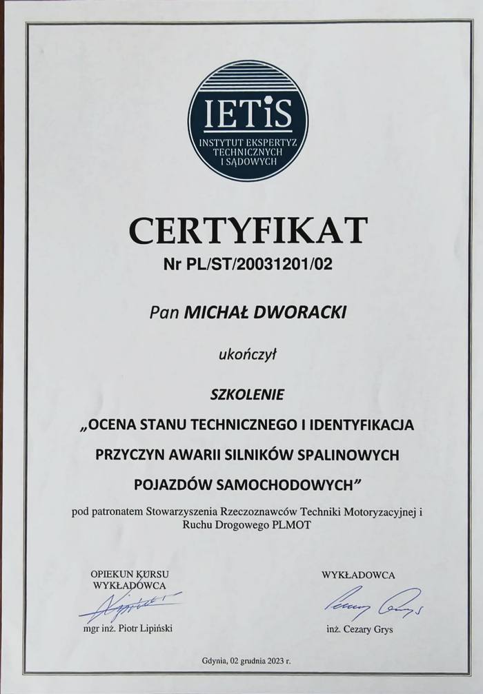 Certyfikat IETiS: Ocena silników spalinowych