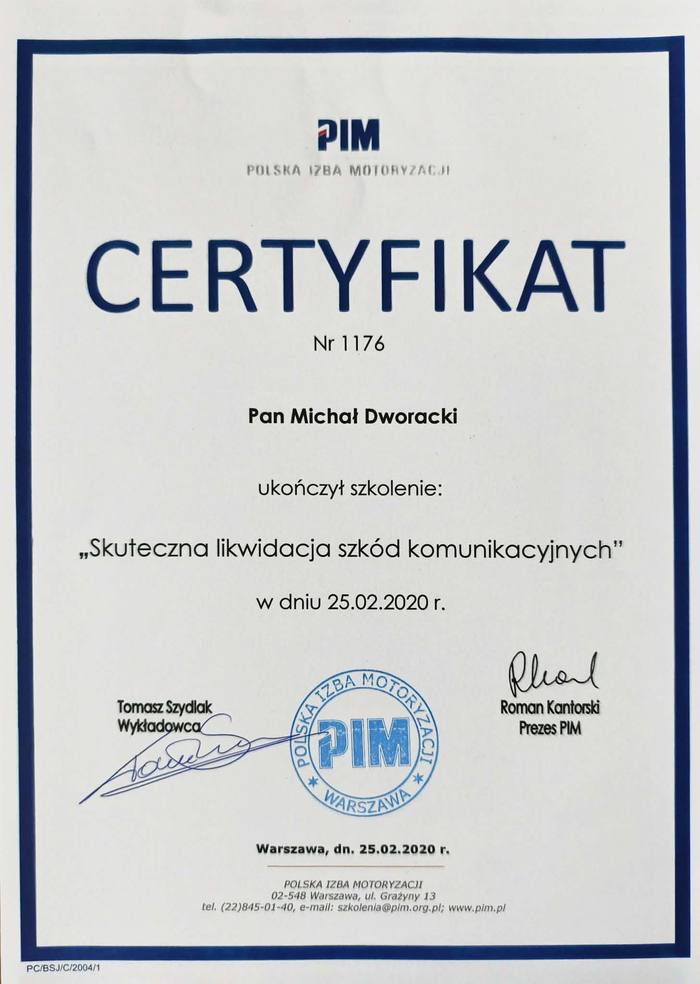 Certyfikat PIM nr 1176: Skuteczna likwidacja szkód